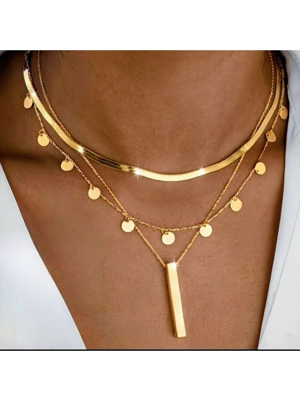 Gold Layered Discs And Bar Necklace -Polished Gold & Stainless Steel